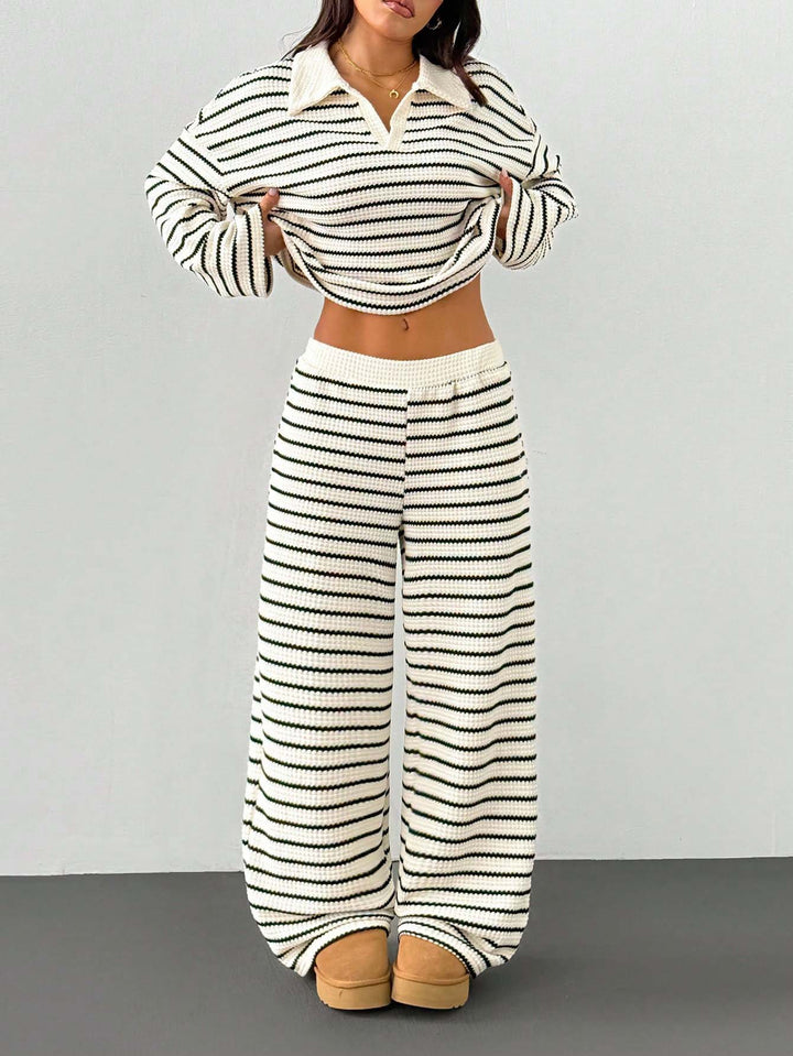 Women's Knitted Loungewear Set with Polo V Neck, Bell Sleeves, and Wide High-Cut Trouser Leg Mune Fashion