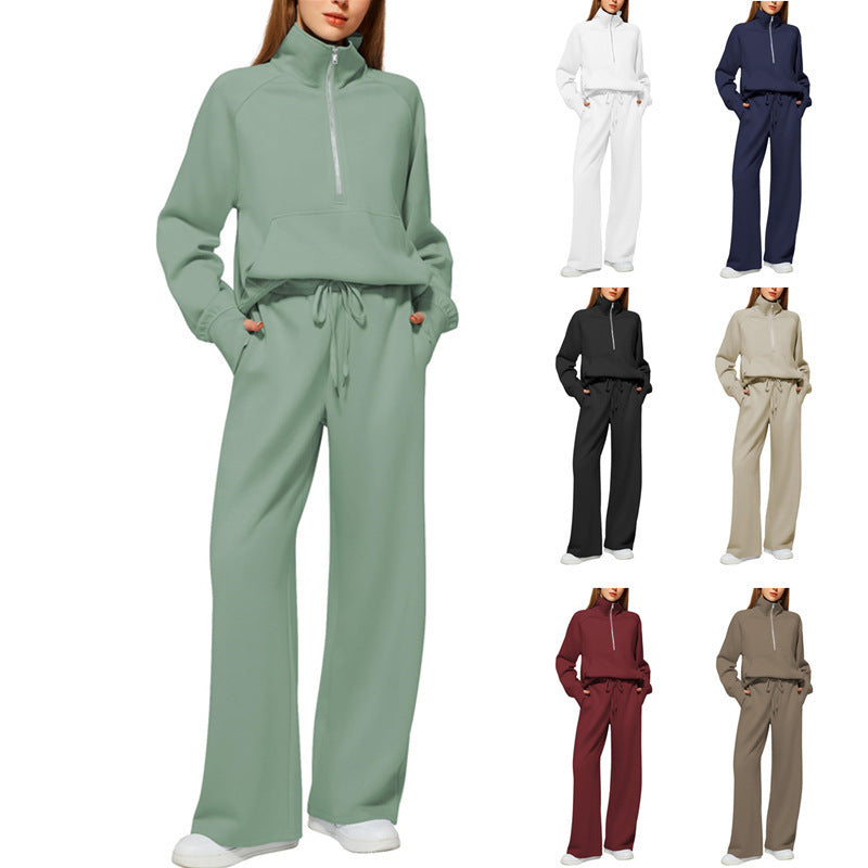 Women half-zip lounge set with high stand-up collar, kangaroo pocket and wide high-waist joggers Mune Fashion