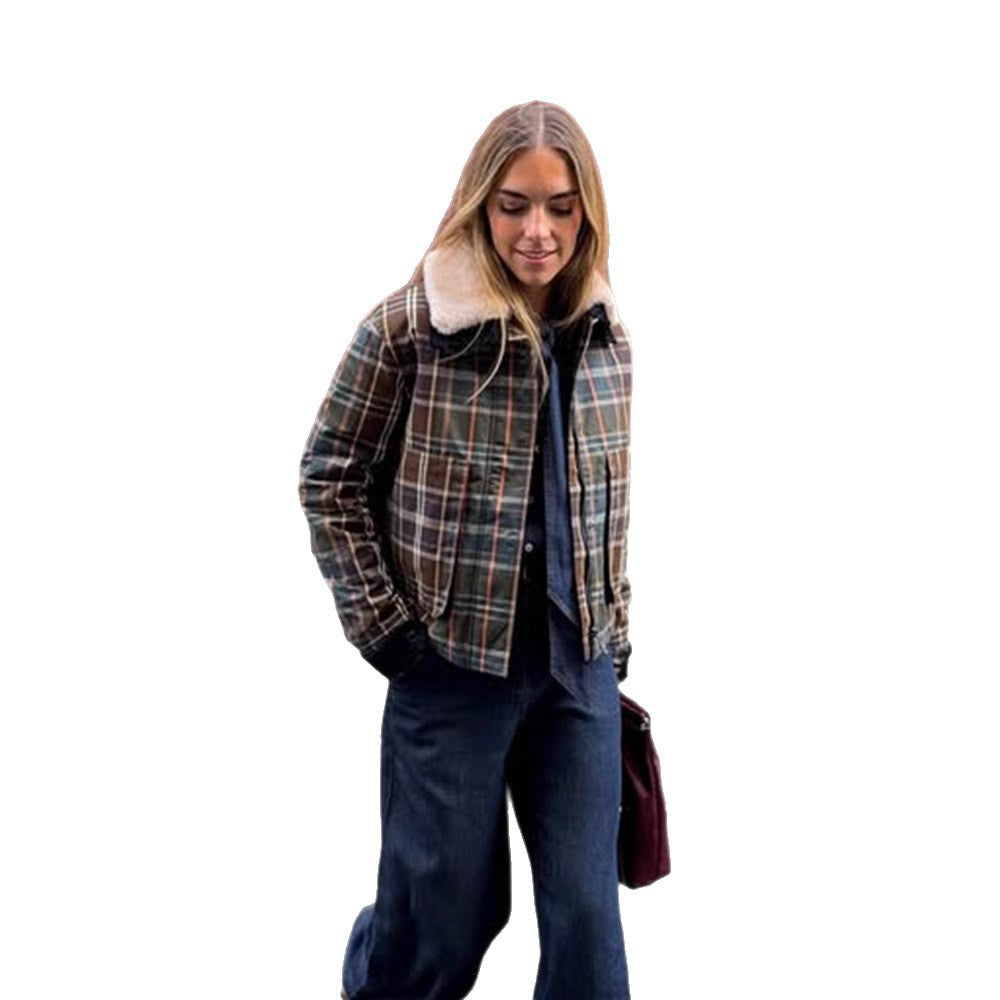 Women's Short Blouson in Check Pattern with Padded Lining and Teddy Collar Mune Fashion