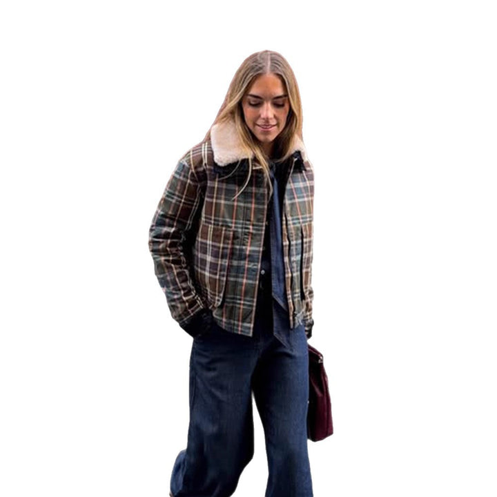 Women's Short Blouson in Check Pattern with Padded Lining and Teddy Collar Mune Fashion