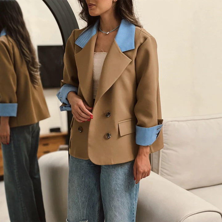 Women Oversized Double-Breasted Blazer with Contrast Collar & Cuffed Sleeves Mune Fashion