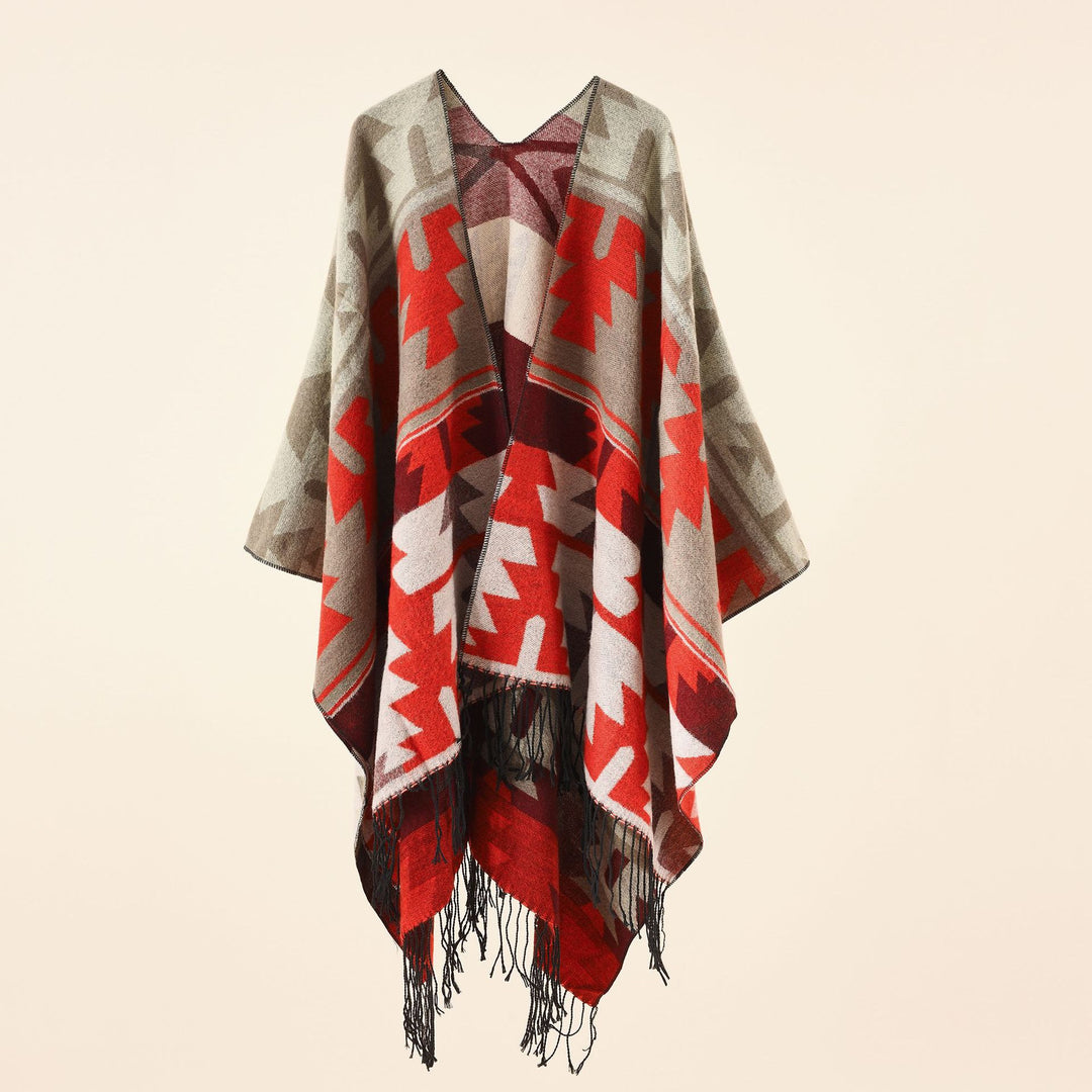 Women Oversize Ruana with V-neck, coarse jacquard pattern and long fringes Mune Fashion