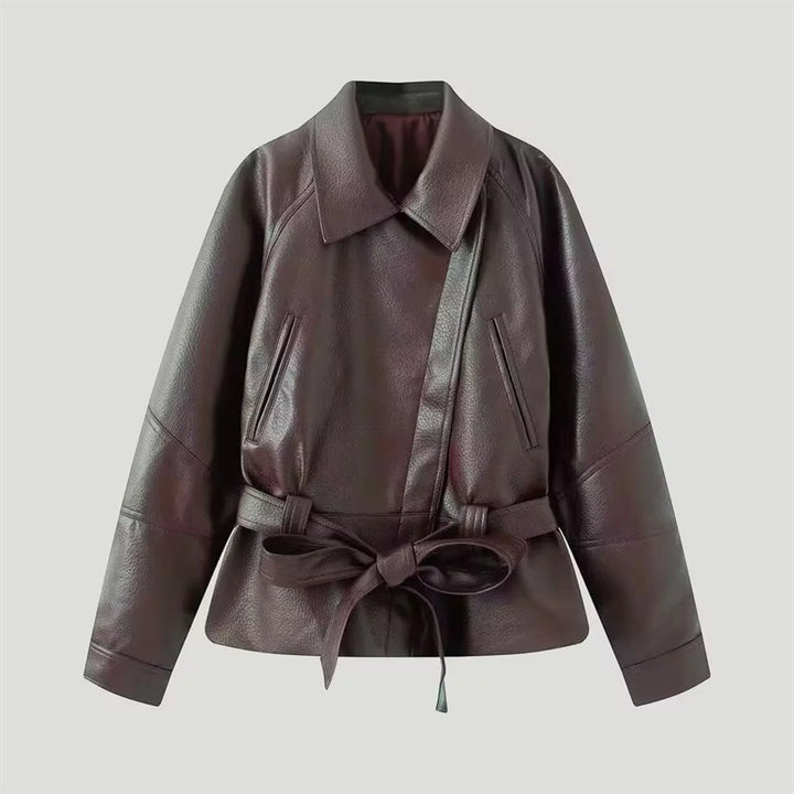 Women nan tailored faux leather jacket with shirt collar and tie belt Mune Fashion