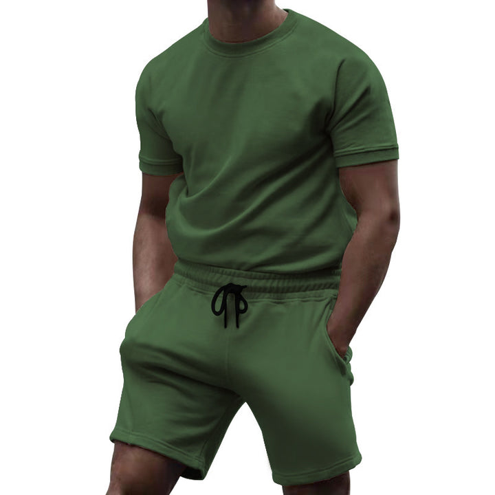 Men's short-sleeve sweat set made of soft sweatshirt fabric with a round neck shirt and drawstring shorts Mune Fashion