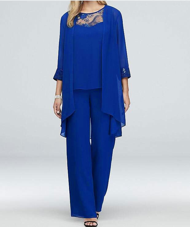 Women's flowing chiffon evening ensemble with lace trim, kimono cardigan and wide palazzo pants Mune Fashion