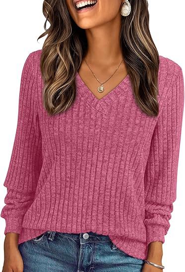 Ladies Soft Ribbed Knit Sweater with V-Neck Mune Fashion