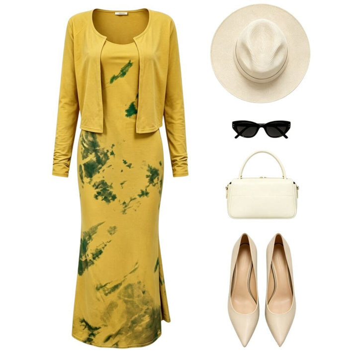 Women’s Midi Dress Set with Short Cardigan and Figure-Flattering Silhouette Mune Fashion