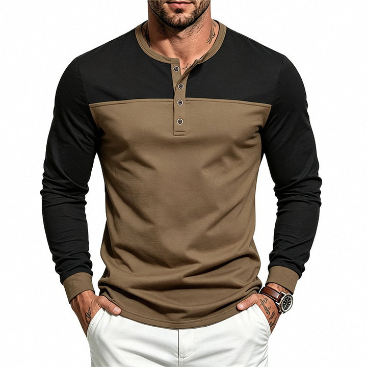 Men's Slim-Fit Henley Long Sleeve Shirt with Contrasting Insert and Button Placket Mune Fashion