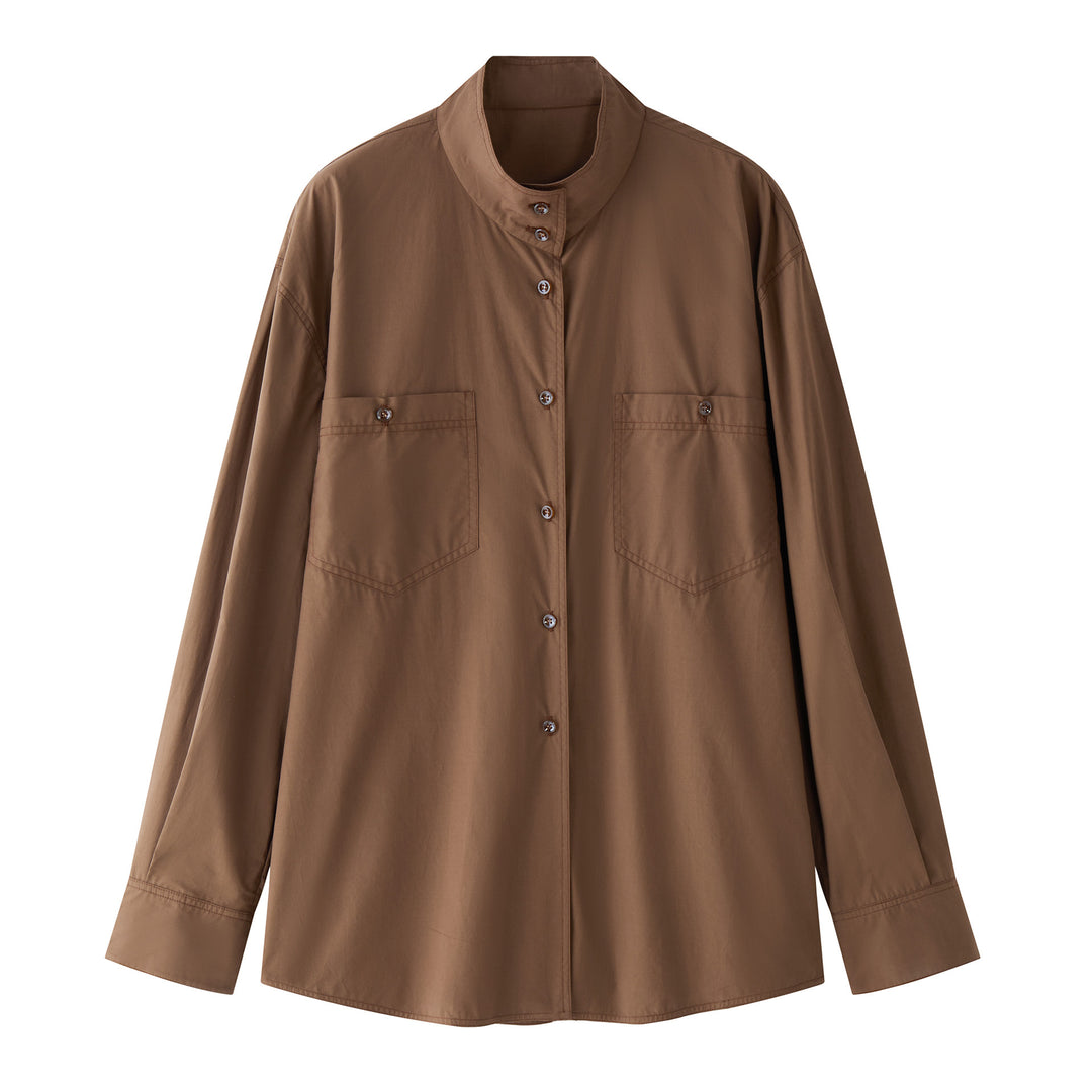 Women's Relaxed Shirt Jacket in Boxy Cut with Stand Collar and Chest Pocket Mune Fashion