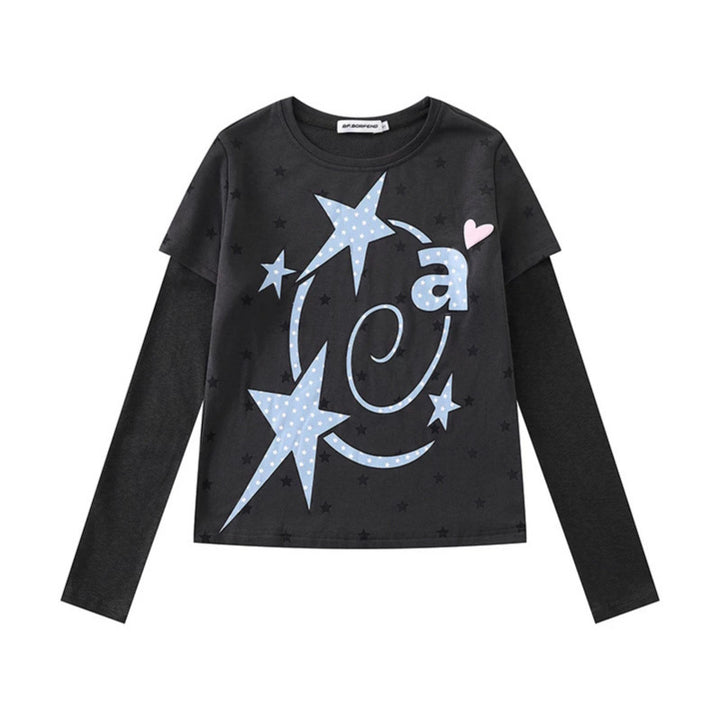 Women Two-Layer Long Sleeve Shirt with Stars Ornament and Heart Detail Mune Fashion