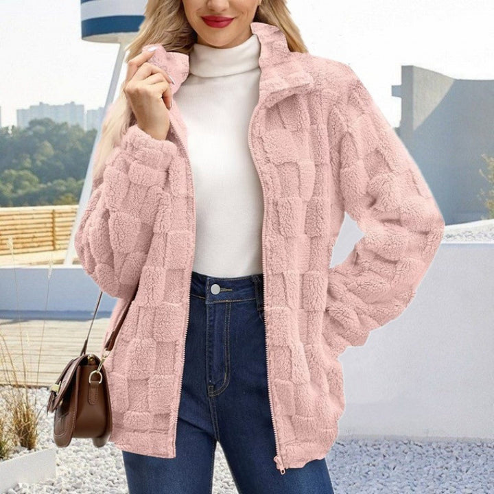 Women's teddy jacket with check structure, stand-up collar and zipper Mune Fashion