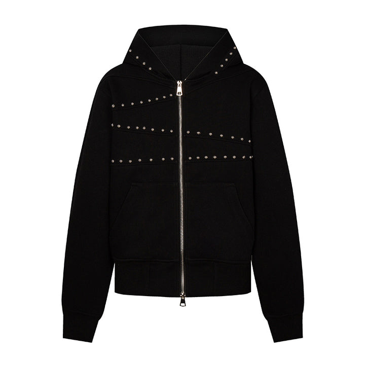 Women's hooded sweat jacket with studded accents, full-length zipper, and kangaroo pockets Mune Fashion