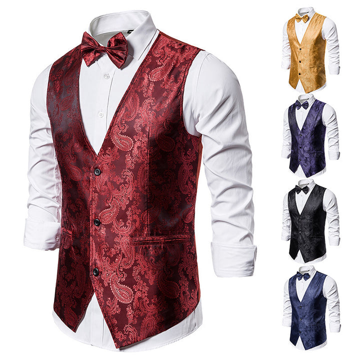 Men's tailored satin vest with ornamental jacquard pattern, V-neck and three buttons Mune Fashion