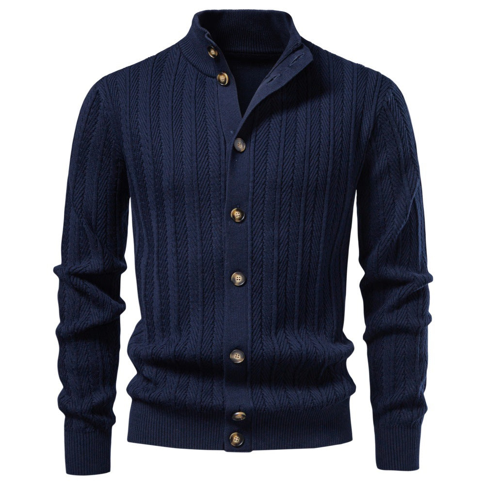 Men's Fine Knit Button Cardigan with Cable Pattern and Stand-Up Collar Mune Fashion