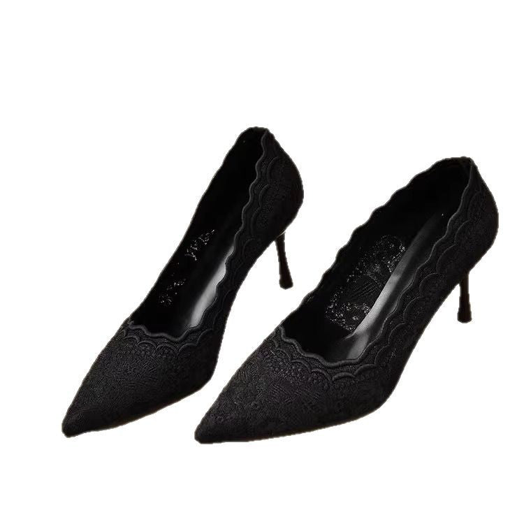 Women's Elegant Lace Pumps with Wavy Edge and Slim Stiletto Heel Mune Fashion
