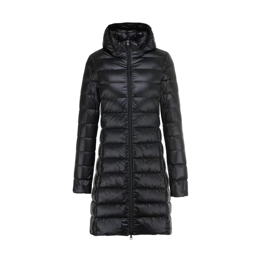 Women Long Cut Ultra-Light Thermal Parka with Contoured Silhouette and Hood Mune Fashion