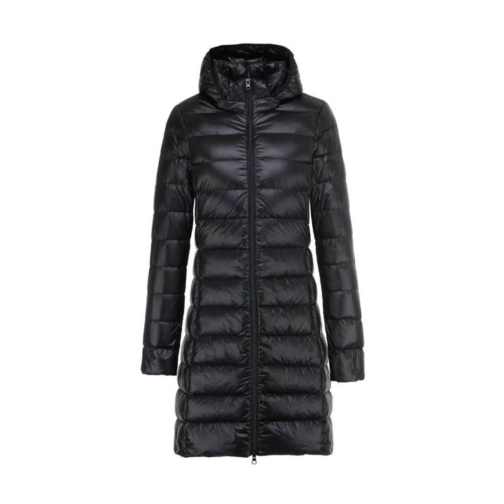 Women Long Cut Ultra-Light Thermal Parka with Contoured Silhouette and Hood Mune Fashion