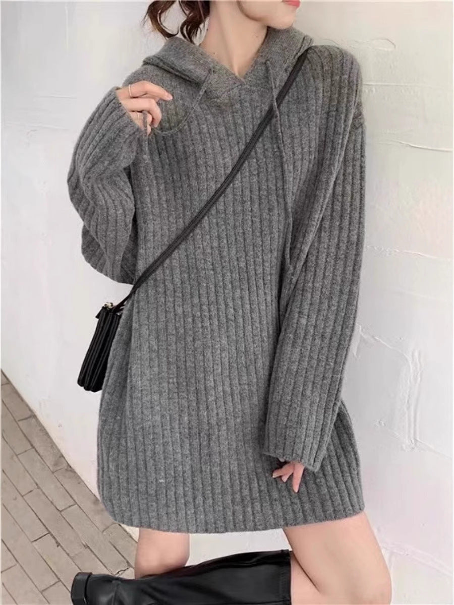 Women’s knitted hoodie dress with ribbed texture and oversized silhouette Mune Fashion
