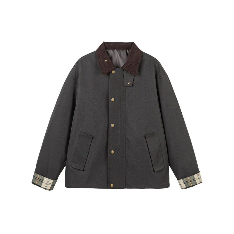 Men's Short Boxy Work Jacket made of sturdy canvas with cord collar and concealed snap button placket Mune Fashion