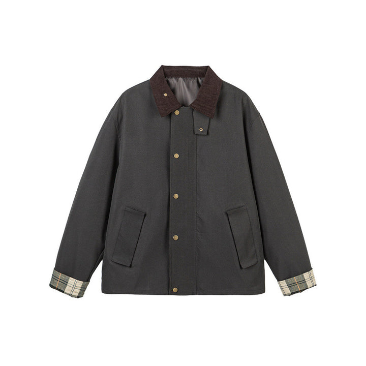 Men's Short Boxy Work Jacket made of sturdy canvas with cord collar and concealed snap button placket Mune Fashion