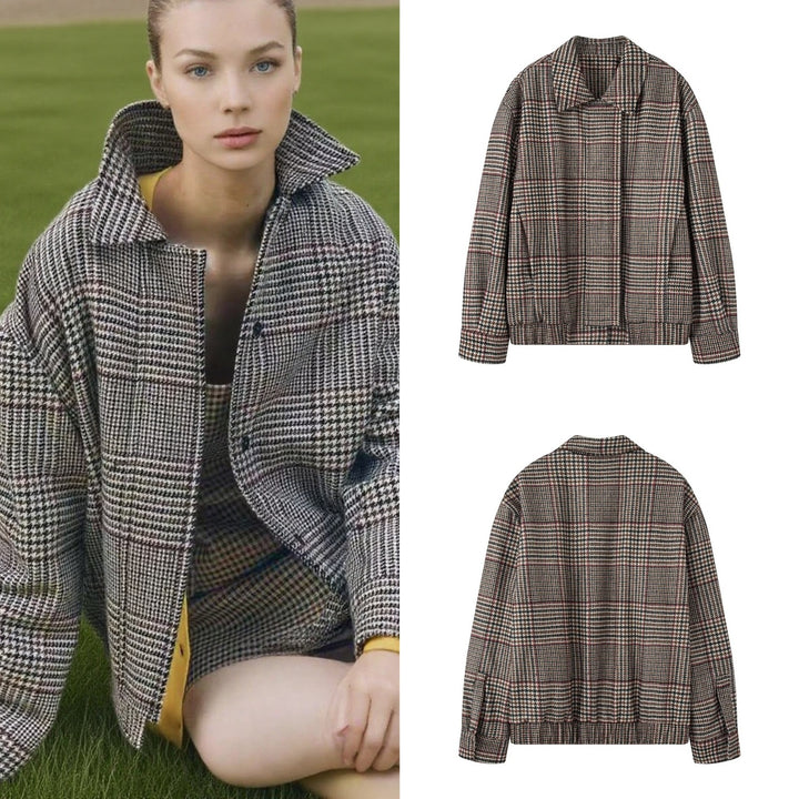 Women's Oversize Short Jacket in Houndstooth Pattern with Stand Collar and Elastic Hem Mune Fashion
