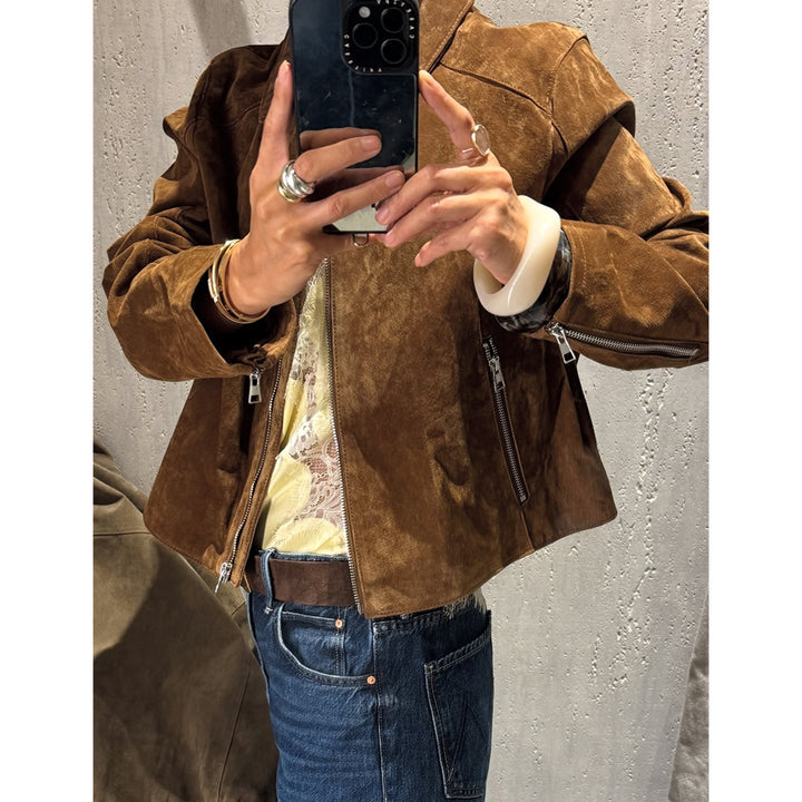 Ladies Cropped Suede Jacket with Shirt Collar, Zipper and Zip Pockets Mune Fashion