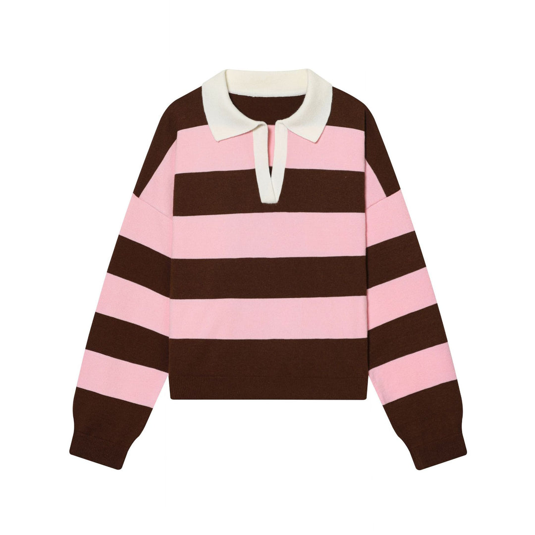 Women’s striped rugby pullover with polo collar and deep V-slit Mune Fashion