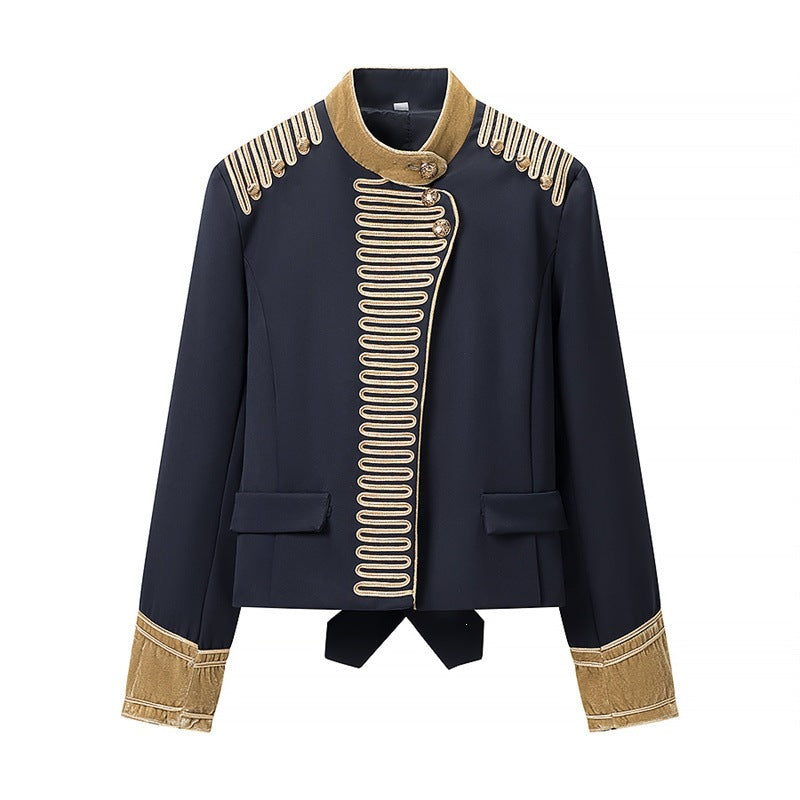 Women's short military-inspired jacket with stand-up collar, decorative cords, and gold-trimmed cuffs Mune Fashion