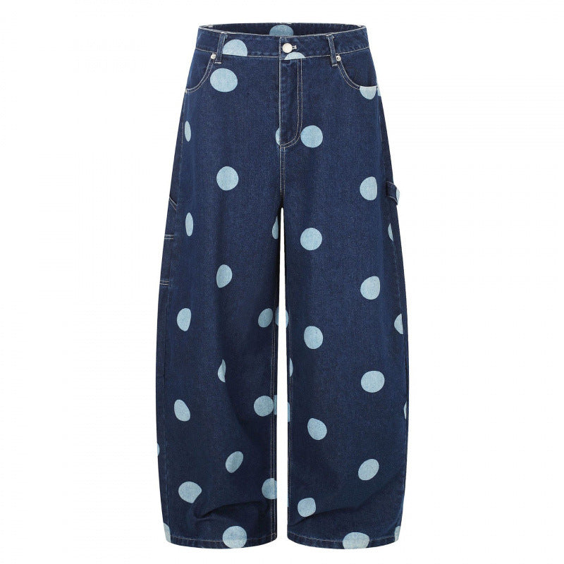 Women's Wide Cropped Jeans with High Waist, Polka Dot Print and Carpenter Details Mune Fashion