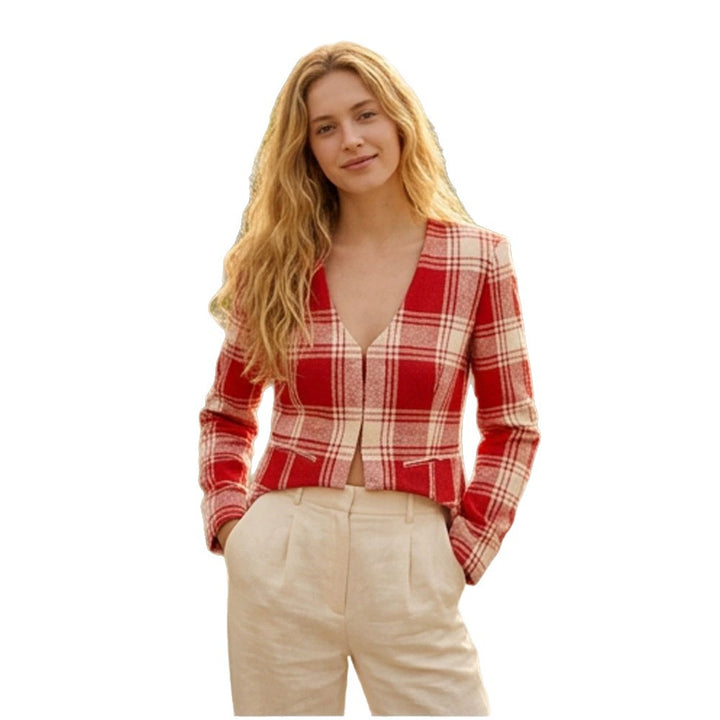 Women's Short Cut Tailored Check Blazer with Deep V-Neck and Flap Pockets Mune Fashion