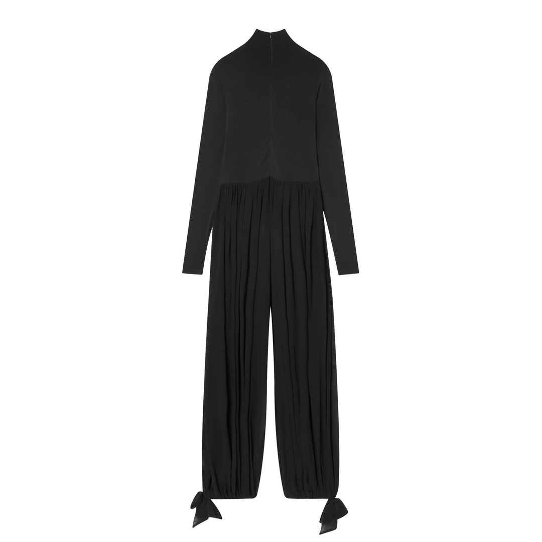 Women's jumpsuit with stand-up collar, wide pleated pant leg and ankle ties Mune Fashion