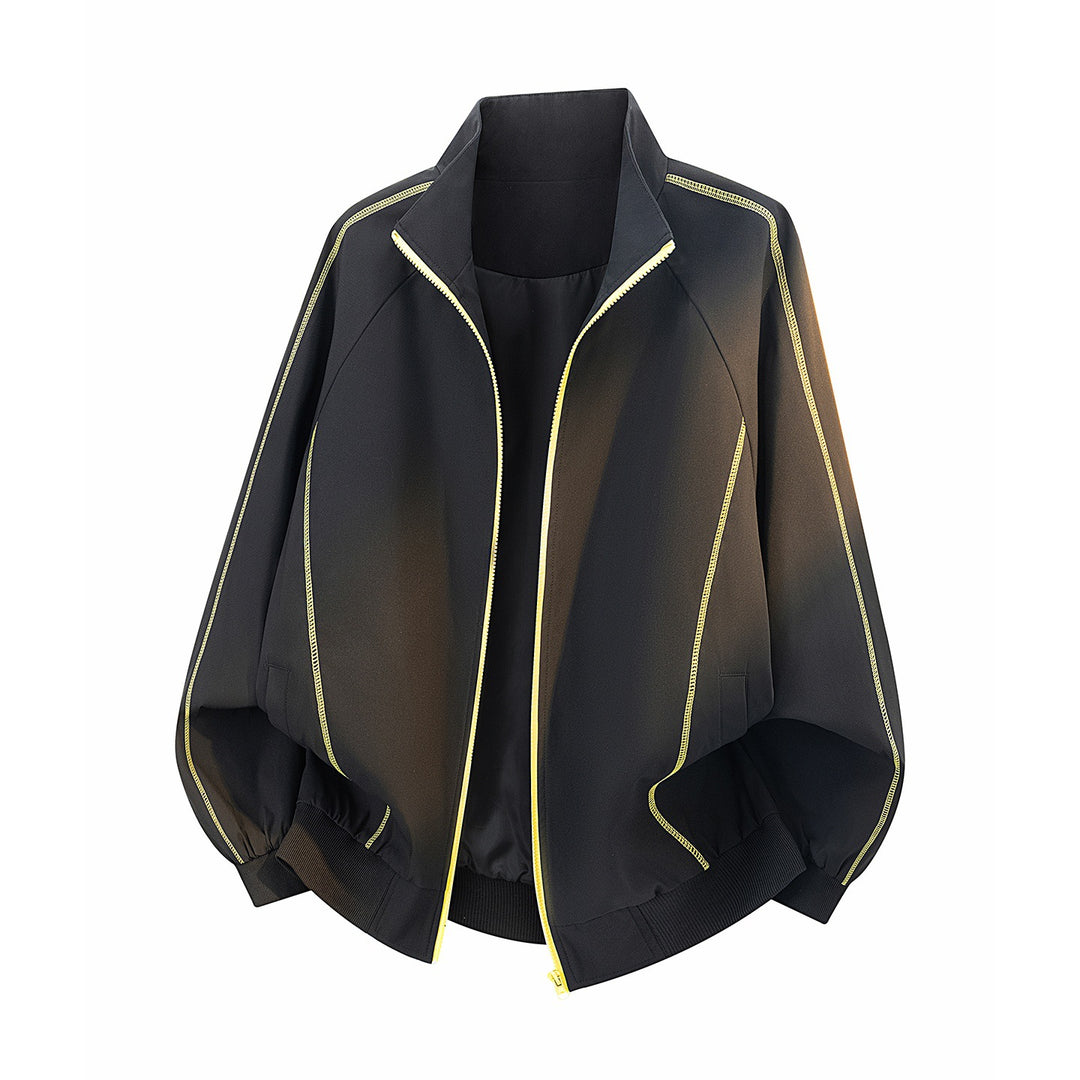 Women’s Oversized Bomber Jacket with Contrast Piping, Stand Collar & Balloon Sleeves Mune Fashion