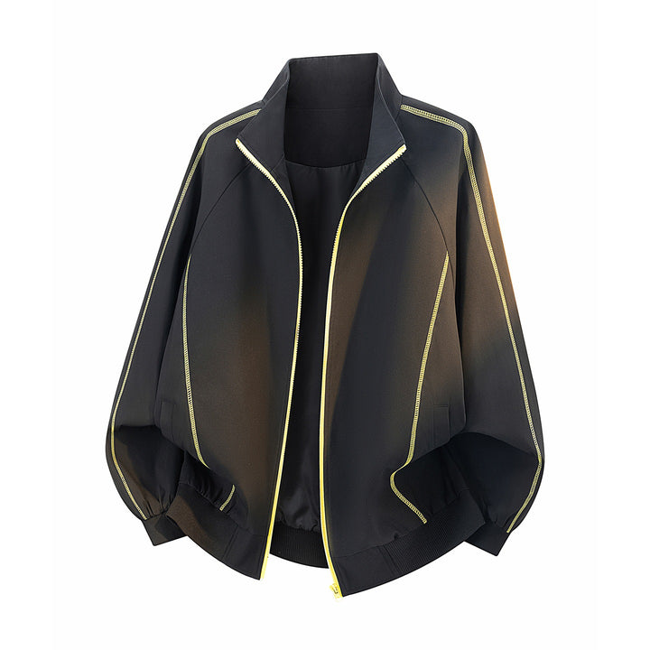 Women’s Oversized Bomber Jacket with Contrast Piping, Stand Collar & Balloon Sleeves Mune Fashion