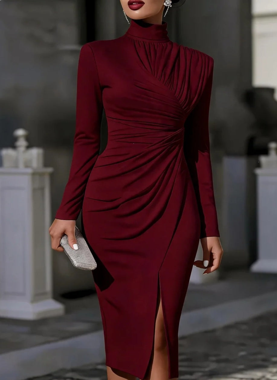 Women's Elegant Midi Dress with Ruched Draping, Stand Collar and Leg Slit Mune Fashion