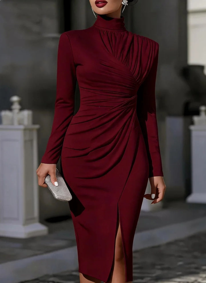 Women's Elegant Midi Dress with Ruched Draping, Stand Collar and Leg Slit Mune Fashion
