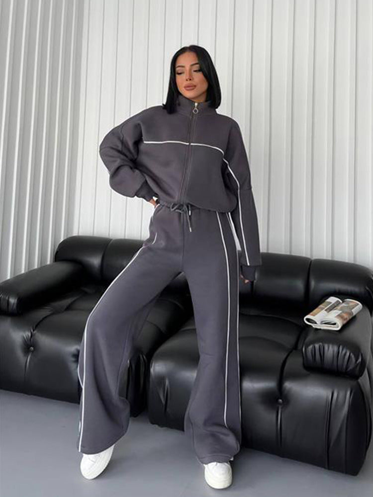 Women's casual sweatset with stand-up collar zip cropped jacket and high-waisted flared pants Mune Fashion