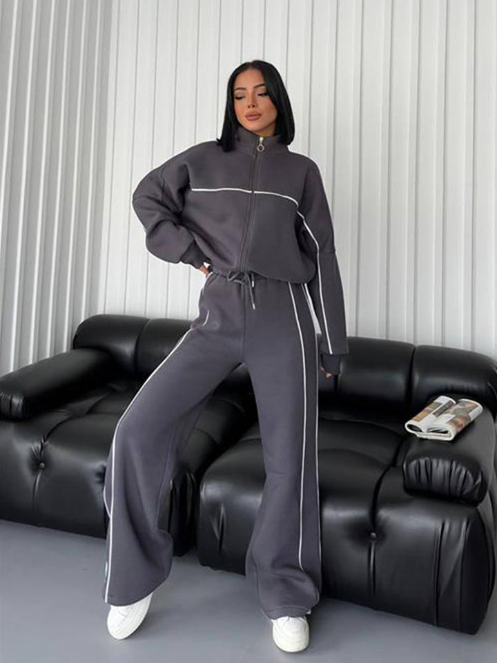 Women's casual sweatset with stand-up collar zip cropped jacket and high-waisted flared pants Mune Fashion