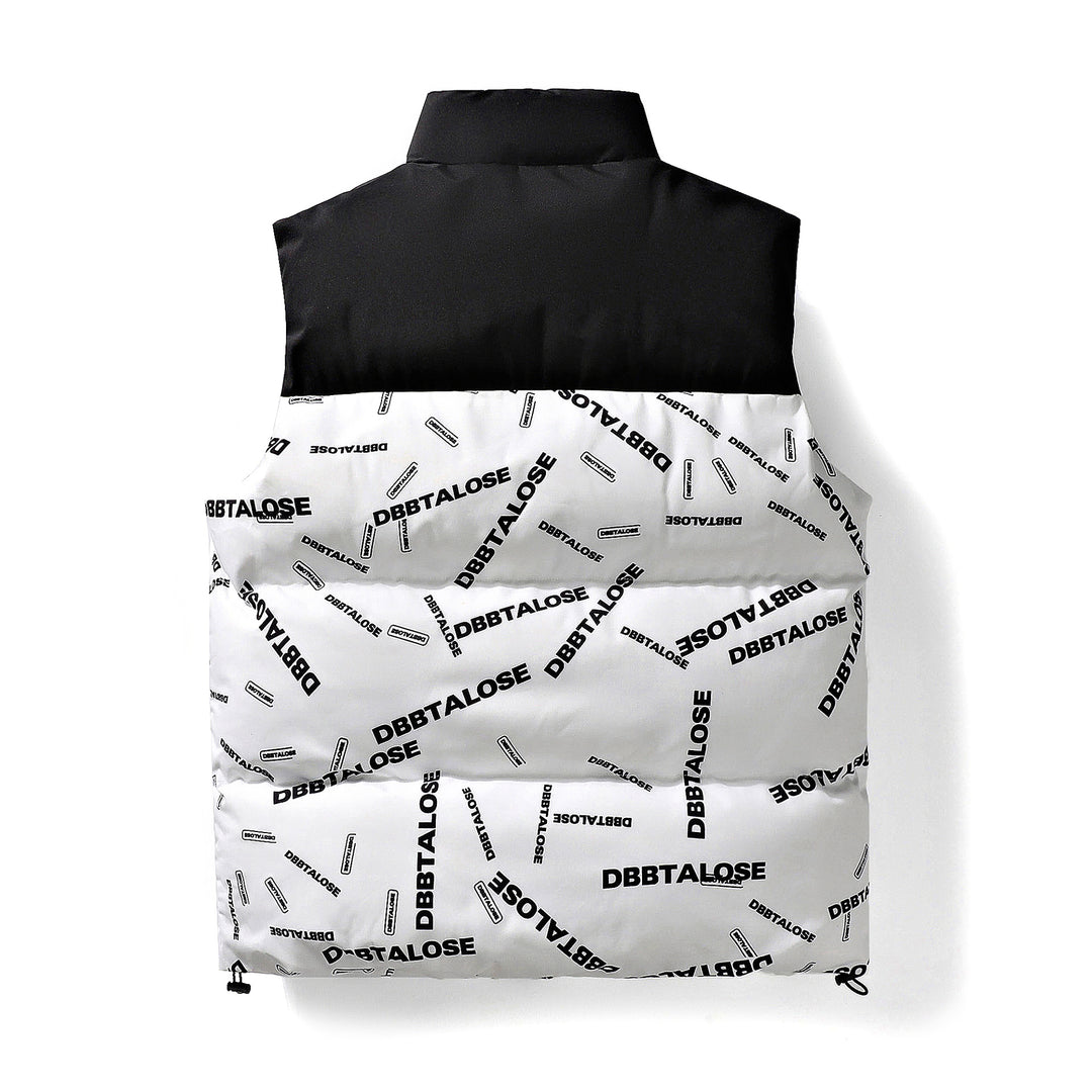 Men's Quilted Vest with High Stand-up Collar, All-over Logo Print & Drawstring Mune Fashion