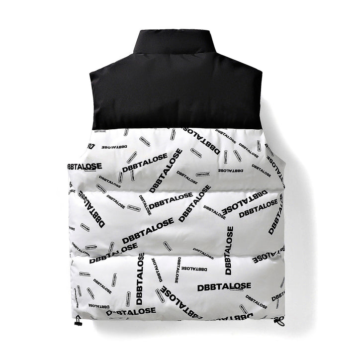 Men's Quilted Vest with High Stand-up Collar, All-over Logo Print & Drawstring Mune Fashion