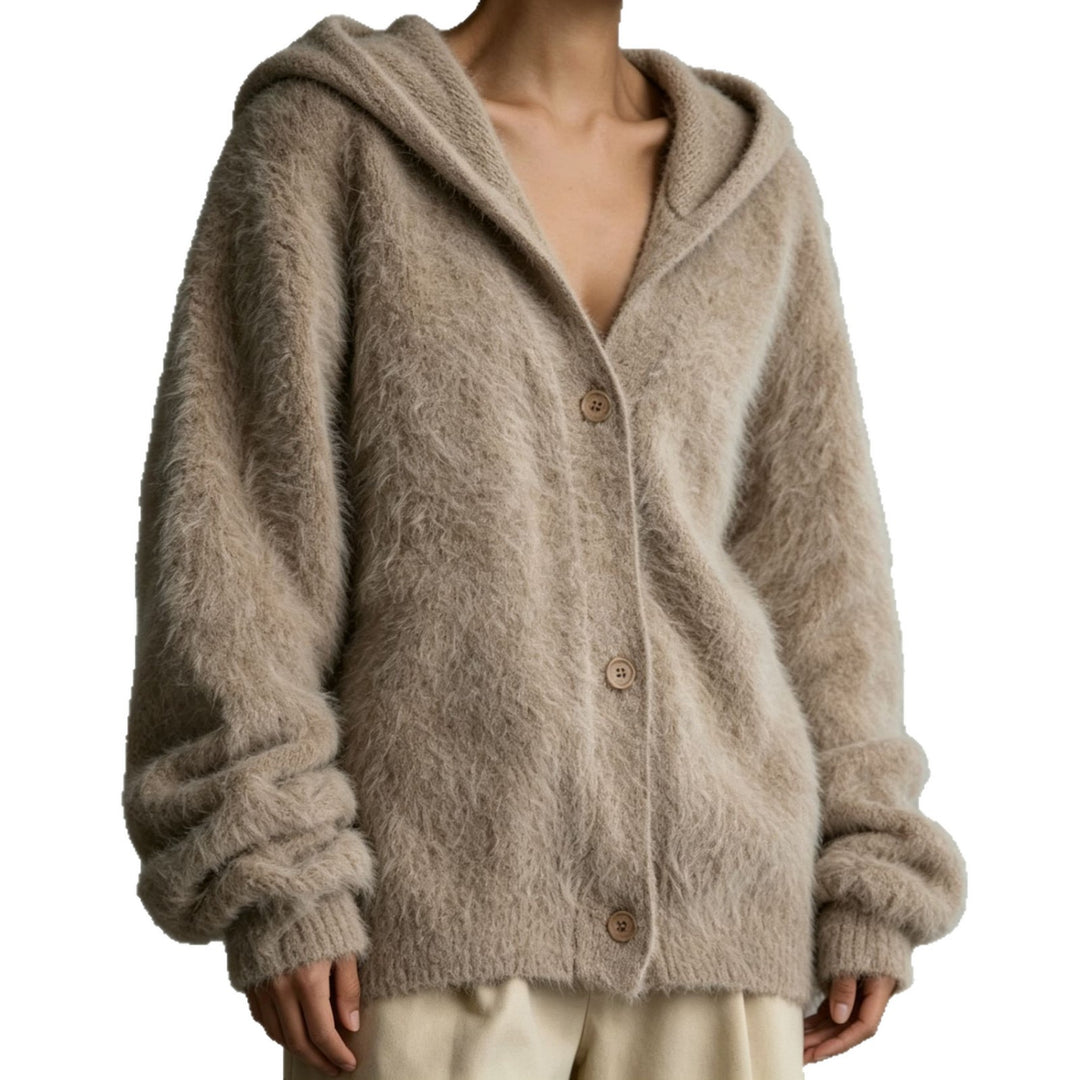Women's Fluffy Hooded Cardigan in Mohair Look with Button Placket Mune Fashion