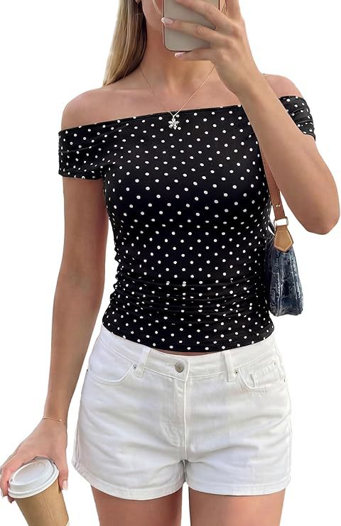 Women's Off-Shoulder Fitted Polka Dot Top with Gathered Side Seam Mune Fashion