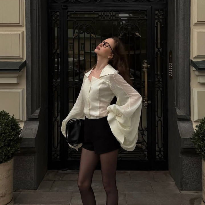 Women's Transparent Blouse Top with Tailored Corset Look and Voluminous Balloon Sleeves Mune Fashion