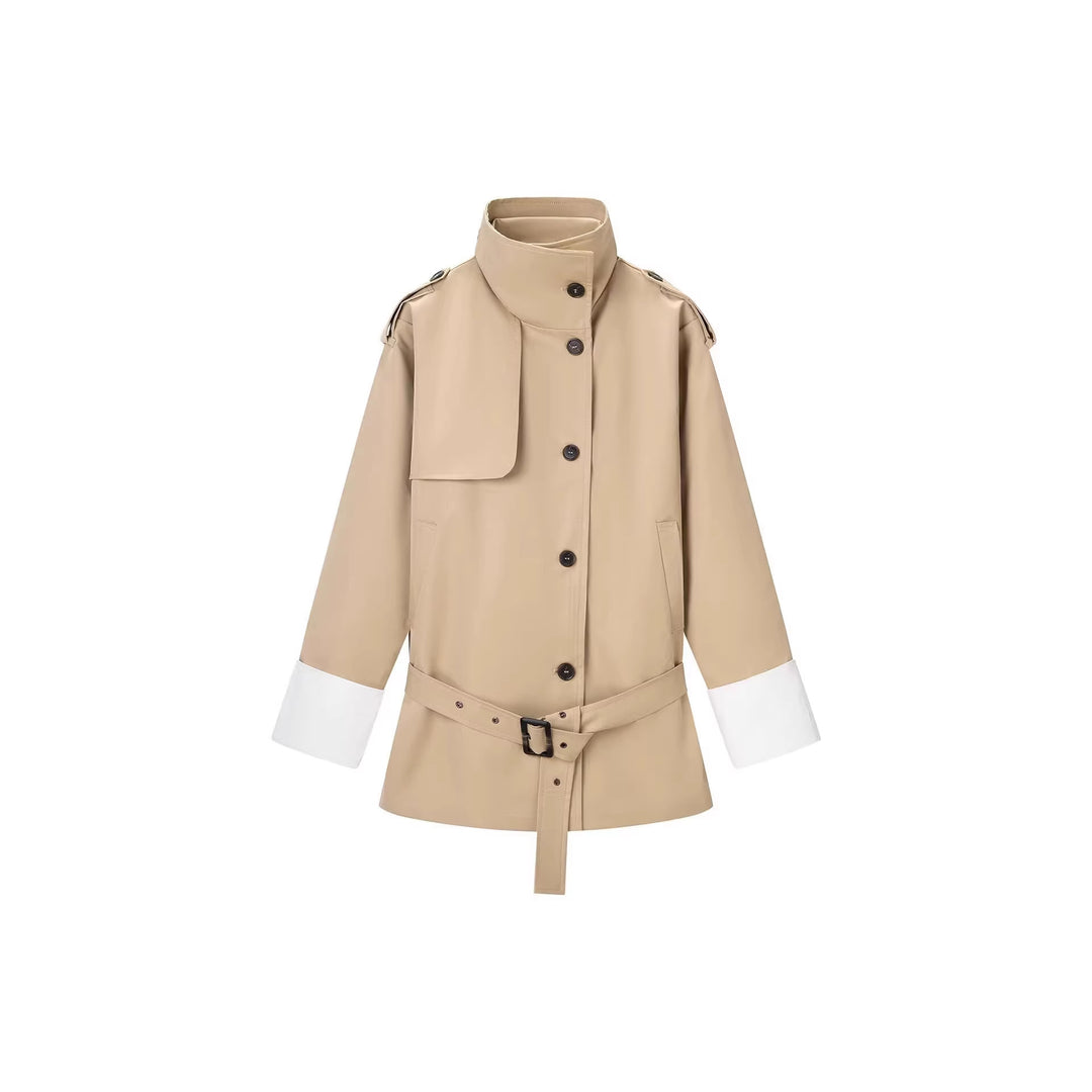 Women's Short Trench Coat with Waist Belt, Stand Collar and Contrast Cuffs Mune Fashion