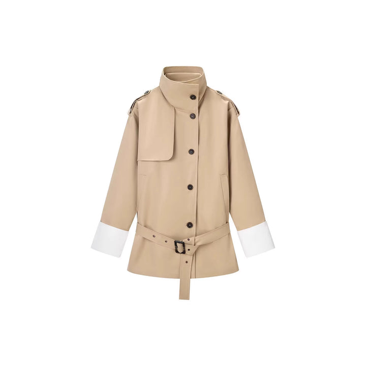 Women's Short Trench Coat with Waist Belt, Stand Collar and Contrast Cuffs Mune Fashion