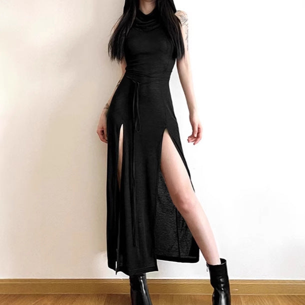 Women Elegant Maxi Dress with High Slit and Hood Mune
