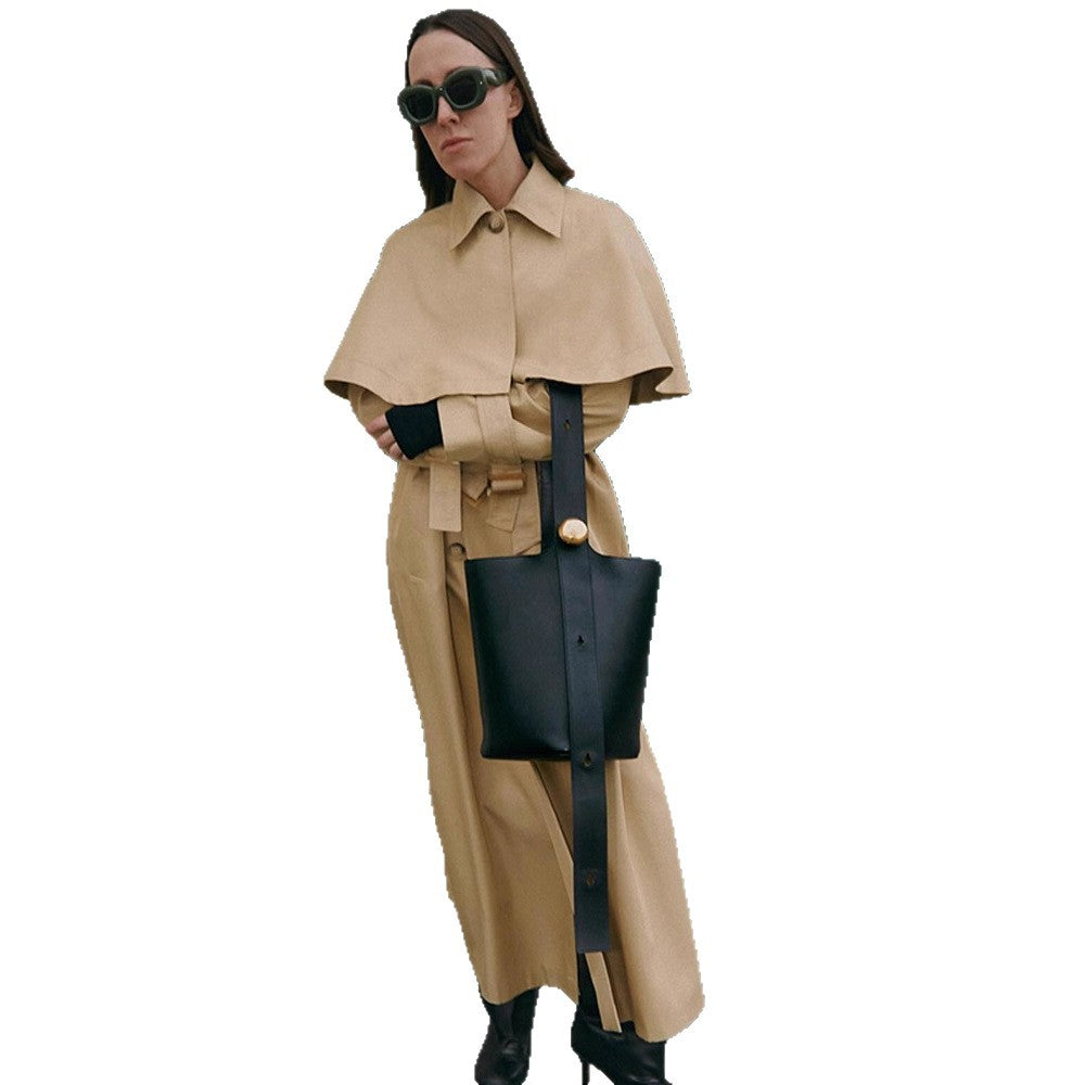 Ladies Long Trench Coat with Capelet, Waist Belt and Raglan Sleeves Mune Fashion
