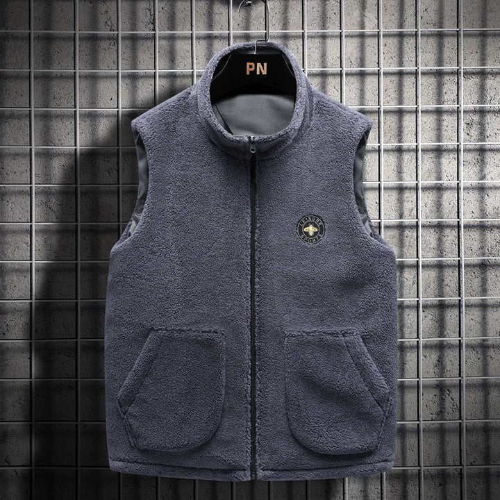 Men's Padded Teddy Fleece Vest with Hood, Full Zip and Letter Patch Mune Fashion