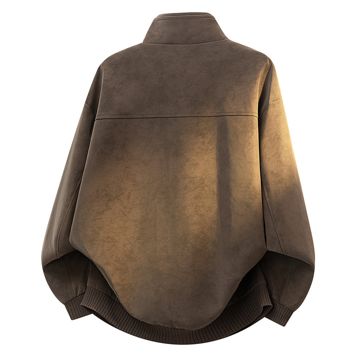Unisex Oversize Suede-look Bomber Jacket with Stand-up Collar, Concealed Zipper & Side Pockets Mune Fashion
