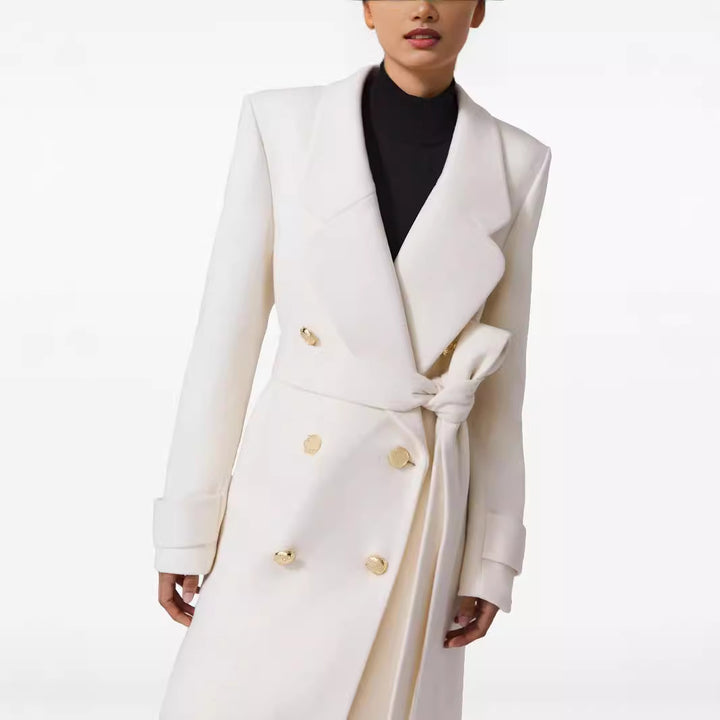 Women Long Double-Breasted Wool Coat with Waist Belt Mune Fashion
