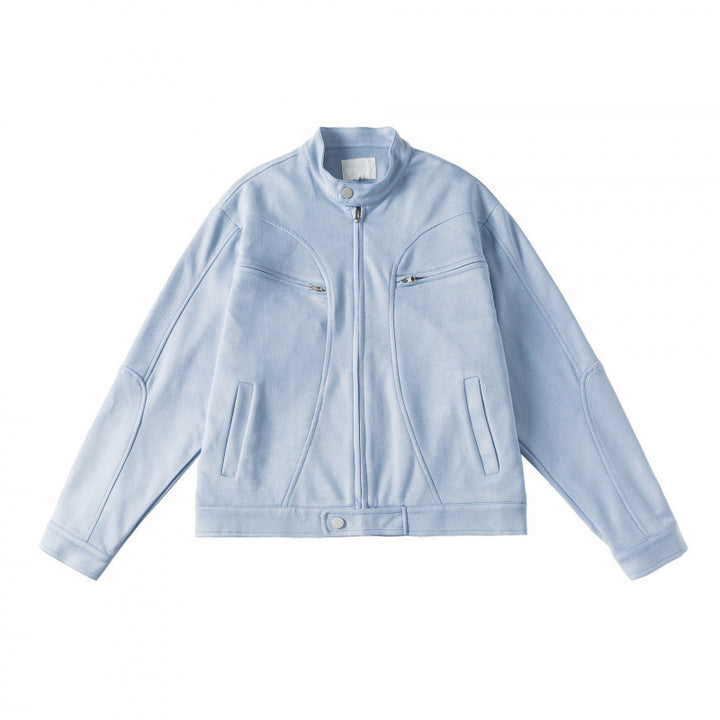 Unisex Short-cut boxy velour blouson jacket with stand-up collar and chest zippers Mune Fashion